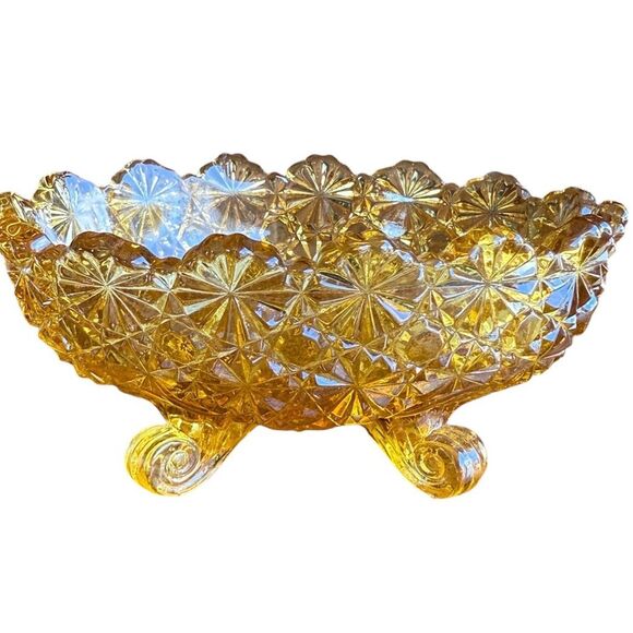 Vintage LG Wright Fenton Daisy & Buttons Amber Glass Footed Oval Dish Bowl 5” - Picture 1 of 9